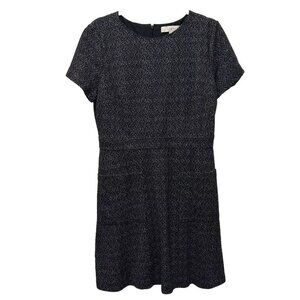 LOFT Womens Dress 12 Black Speckled Tweed Fit Flare Short Sleeve Workwear Office